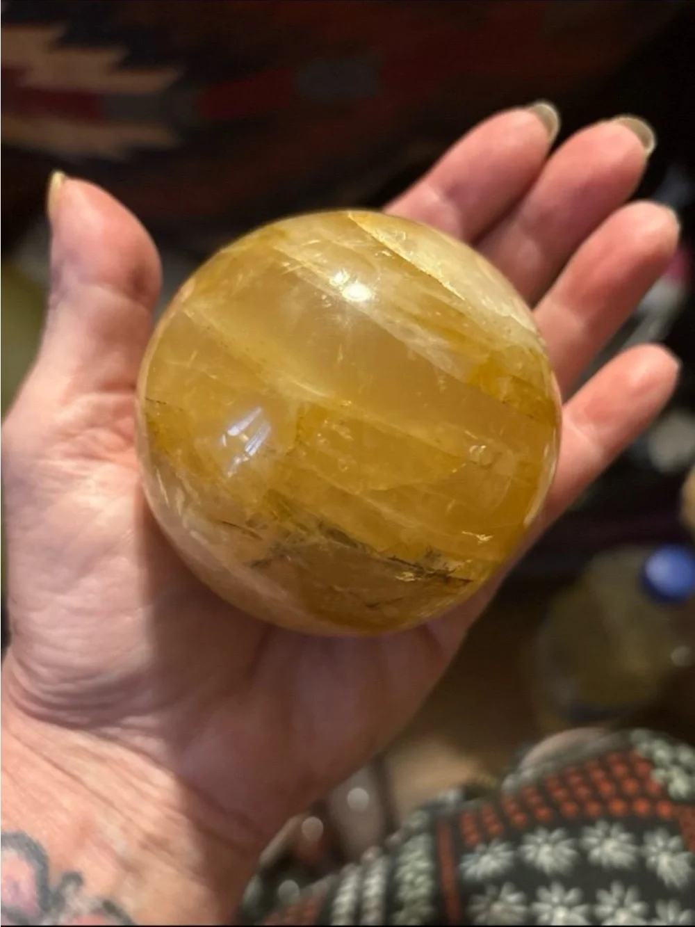 Yellow Selenite Sphere on Metal Stand